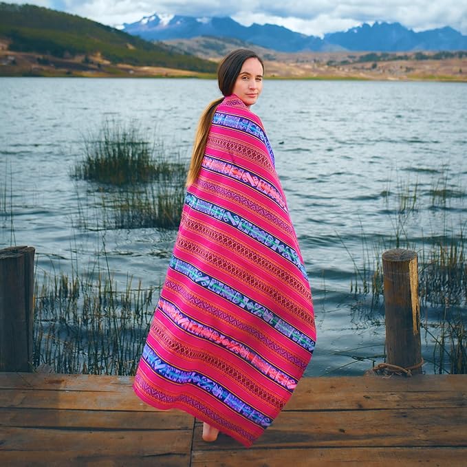Lucio Fabrics Unique Native Peruvian Throw - Vibrant Colors Lightweight Durable - HomeYoga BeachCampingPicnicOutdoor Activities Thin Blanket 70'' x 47'' (Fuchsia Sacred Valley Weave)