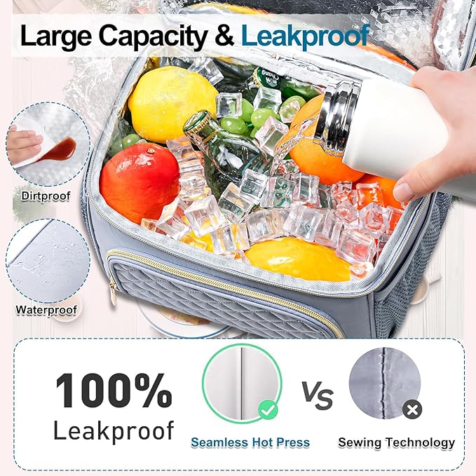 Lunch Bags for Women Dual Compartment Lunch Box Lunch Bag for Work Leakproof Lunch Cooler Large Insulated Lunchbox for Adult for Women Men Lunchbag for Picnic Beach (Gray)