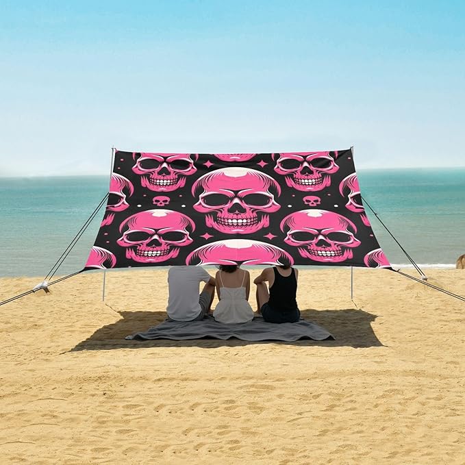 ALAZA Pink Skull Stars &amp Polka Dots Beach Tent Sun Shelter UPF50+ Protection Beach Shade Canopy w/ 4 Sandbags for Outdoor Camping Fishing Backyard Fun Picnic 10x9 ft