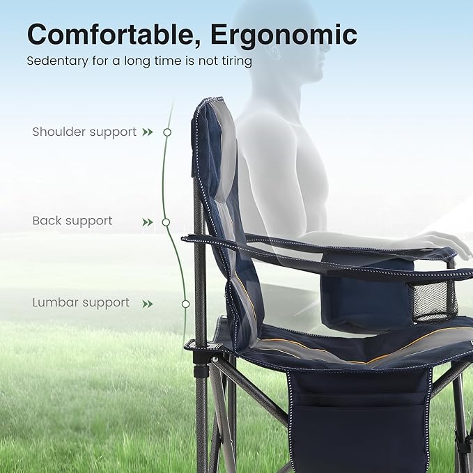 HIGH POINT SPORTS Oversized Portable Folding Camping Chair Blue 450 LBS Support Sports Lawn Chair with Cup Holder and Cooler Bag