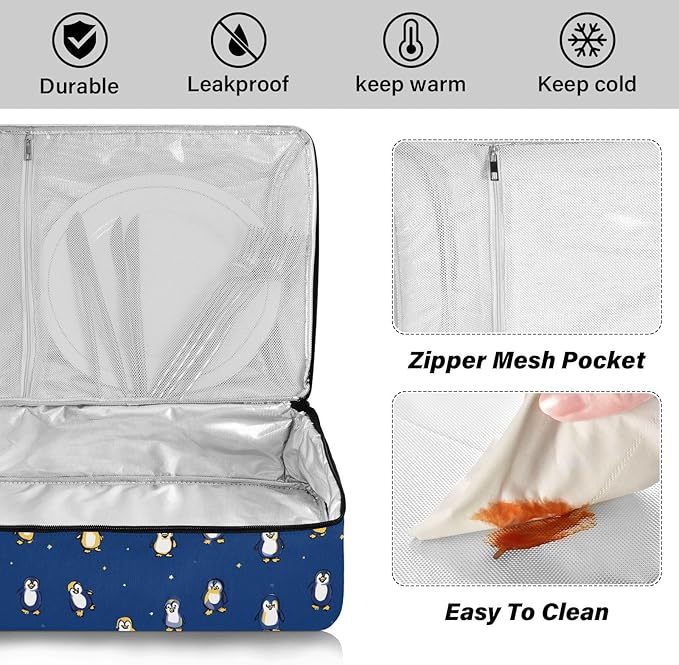 Casserole Carrier Pattern Cartoon Penguins PrintInsulated Casserole Carrier for Hot or Cold Food Thermal Lunch Tote for Potluck Parties Picnic Beach Fits 9 x 13 Inches Baking Dish