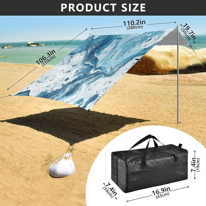 ALAZA Blue Marble Watercolor Beach Tent Sun Shelter UPF50+ Protection Beach Shade Canopy w/ 4 Sandbags for Outdoor Camping Fishing Backyard Fun Picnic 10x9 ft