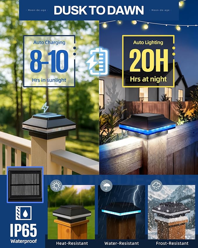 Color Changing Post Lights for Fence and Deck RGB &amp Warm White Solar Post Lights Waterproof Outdoor Posts Cap for 4x4 Wooden/PVC Posts (12 Pack)