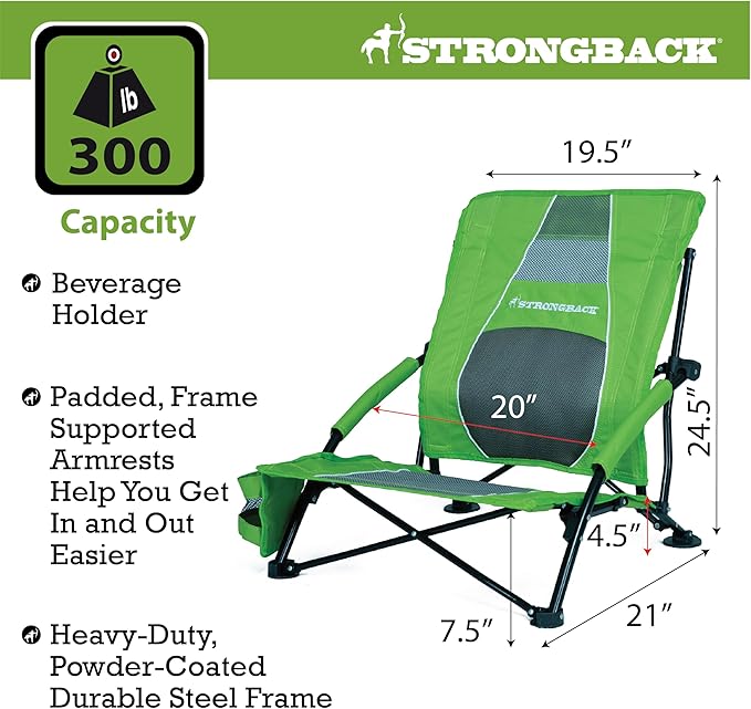 STRONGBACK Low Gravity Beach Chair with Built-in Lumbar Back Support - Heavy Duty Portable Folding Beach Chair for Adults - Lime Green