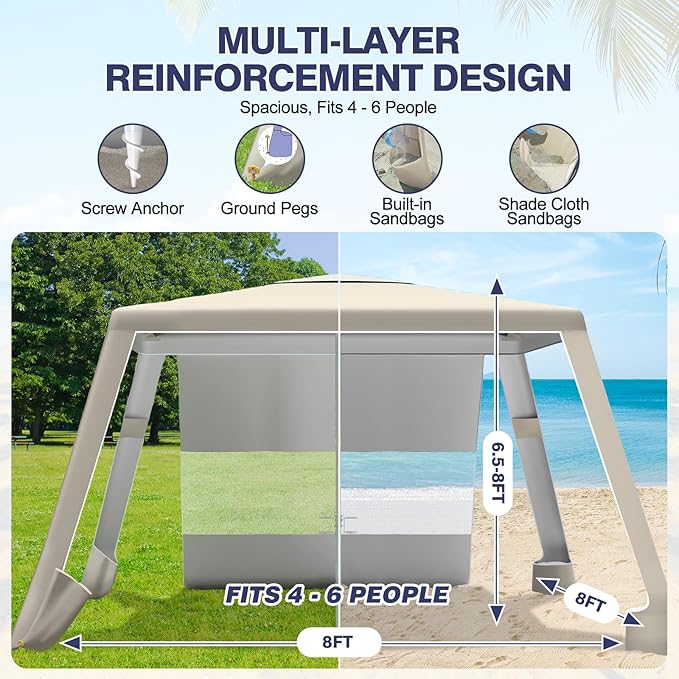 Beach Tent8'×8' Large Beach Canopy for 4-6 PeopleEasy Setup Beach Sun Shelter with UPF 50+ ProtectionAdjustable Height &amp Wind Resistant Beach Cabana for FamilyParty (Khaki - Solid)