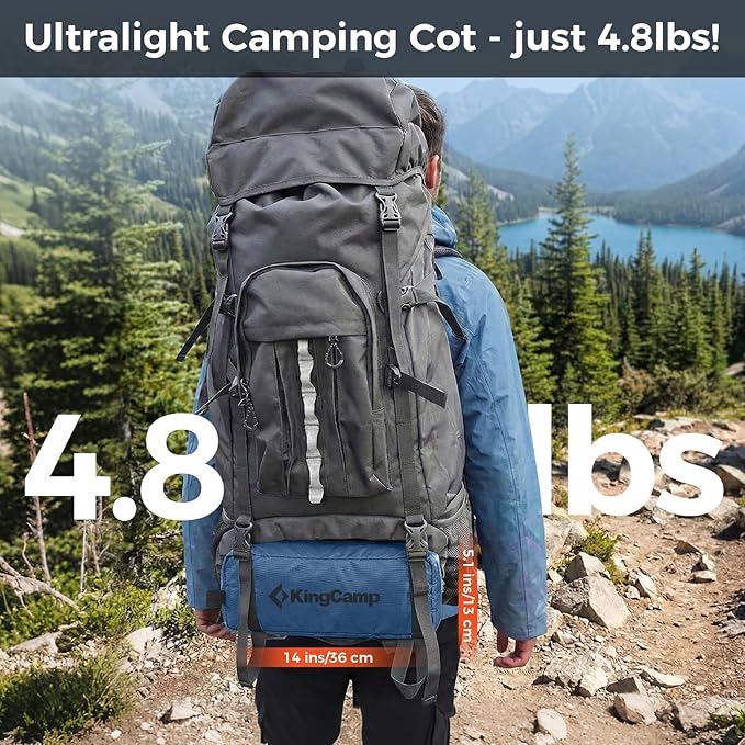 KingCamp Ultralight Camping Cot Portable Folding Tent Camping Cot 265 Lbs Heavy Duty Sleeping Cot with Pillow for Adults Outdoor Backpacking Travel Hiking Blue/Black