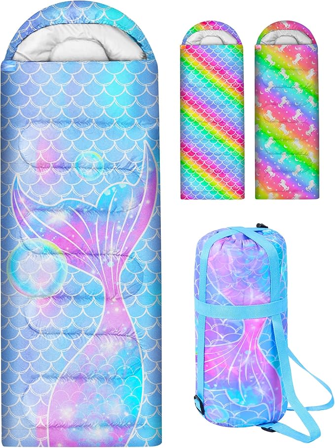Sleeping Bags for Kids 3 Season Waterproof Sleeping Bag with Carry Bag for Camping Hiking Rainbow Unicorn