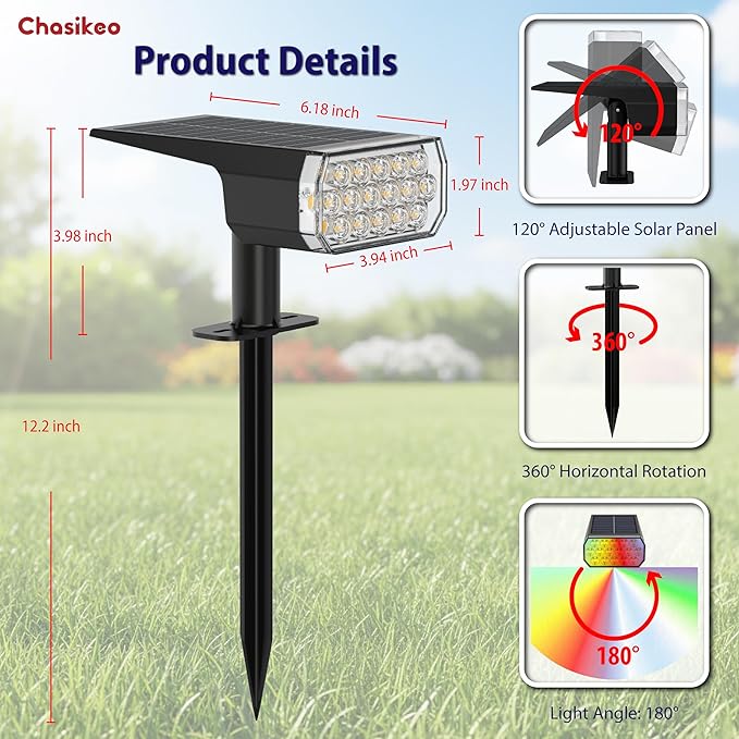 Solar Lights Outdoor Waterproof 3 Lighting Modes Solar Spot Lights Outdoor LED Solar Spotlights Ultra Bright Dusk-to-Dawn Uplights for Garden Landscape Yard Pathway IP65 Auto On/Off