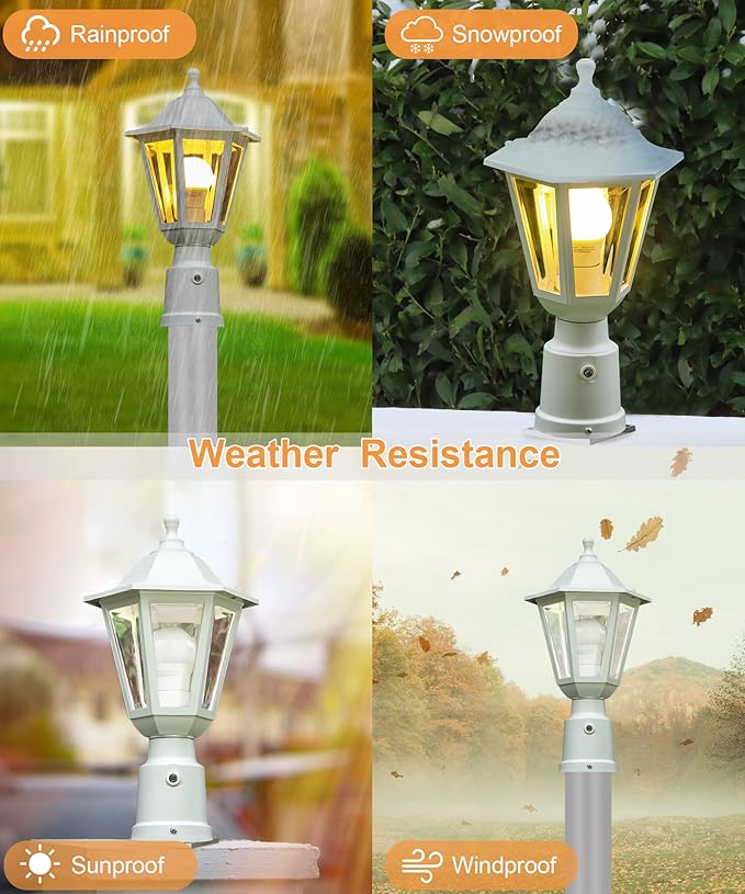 FUDESY Dusk to Dawn Outdoor Post Light White Modern Exterior Post Lantern with Pier Mount Base Plastic Waterproof Lamp Light Fixture for Garden Yard Patio Pathway LED Bulb Included