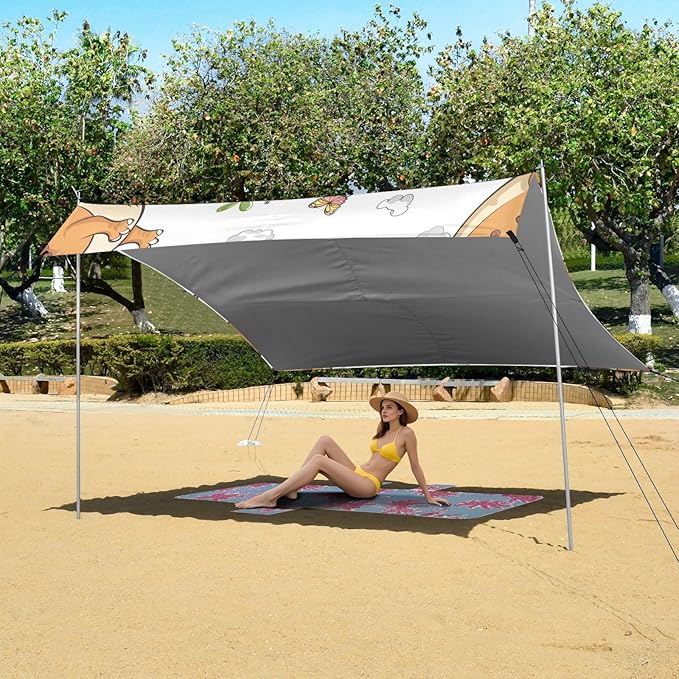 Cute Cartoon Dinosaur Butterfly Playing Camping Sun Shelter Beach Tent Portable Beach Sun Shade Outdoor Canopy for Camping Trips Fishing Picnic