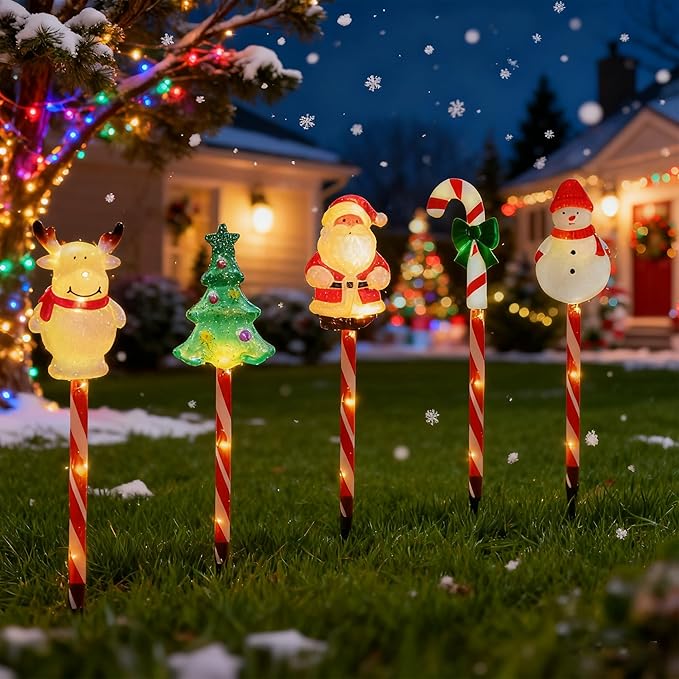 5 Pack Christmas Pathway Lights-Solar Powered Outdoor Garden Snowman Santa Claus Elk Christmas Tree Candy Cane Path Lights Landscape Lighting Waterproof Decorative Lights