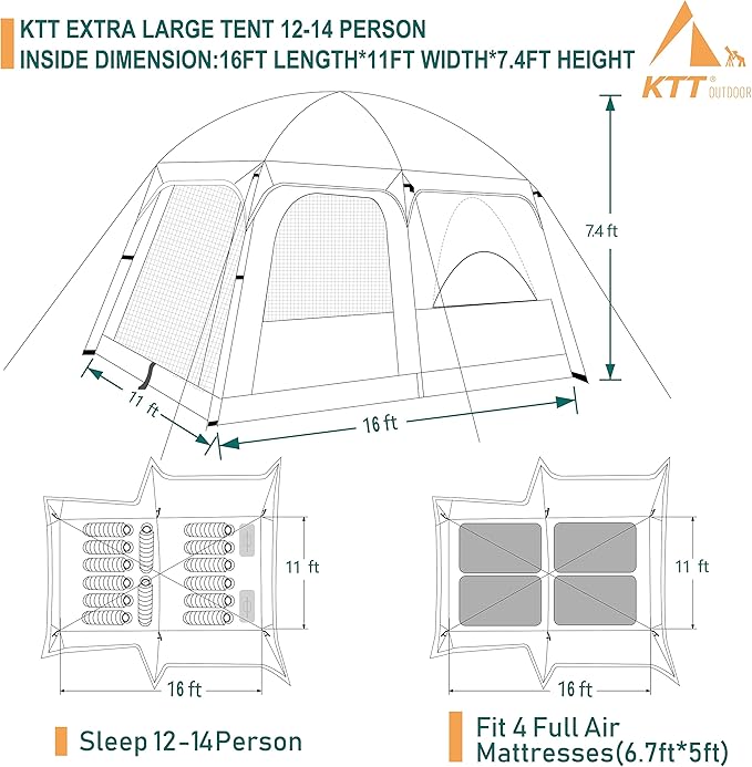 KTT Extra Large Tent 8-10-12 PersonFamily Cabin Tents2 Rooms3 Doors and 3 Windows with MeshStraight WallWaterproofDouble LayerBig Tents for OutdoorPicnicCampingFamily Gathering