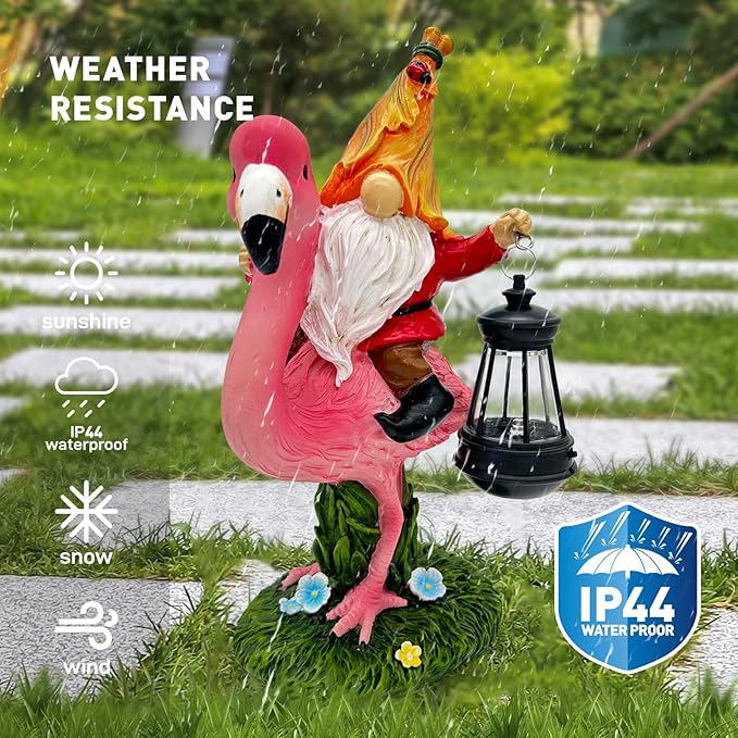 Gnomes Flamingo with Solar Lantern Whimsical Decor for Garden Yard Patio Lawn LED Lights - Unique Gift for Women Mom Friends(Red Gnomes)
