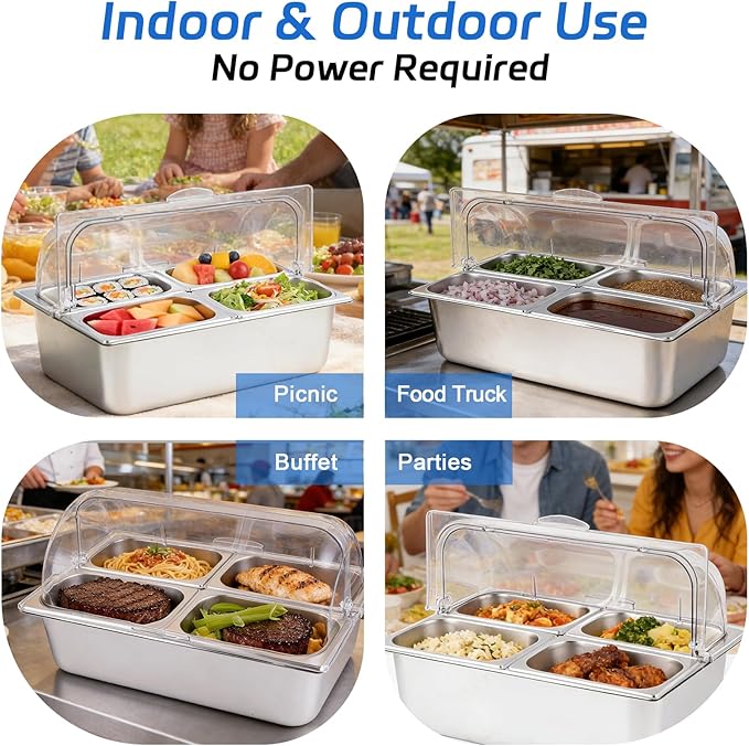 Cold Food Buffet Server 4 Pans×2.7QT with Ice Packs for Salad Pizza Sauce Colded Serving Trays Condiments Containers for Parties Buffet