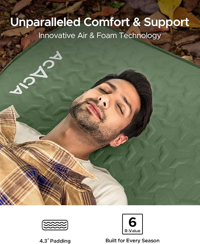 Acacia 4 Thick Self Inflating Sleeping Pad with Foam Innovative Y-Shaped Telescopic Structure Ultraportable Camping Air Mattress with Pump Sack Easy Roll Up Sleep Bed for Travel Tent Car