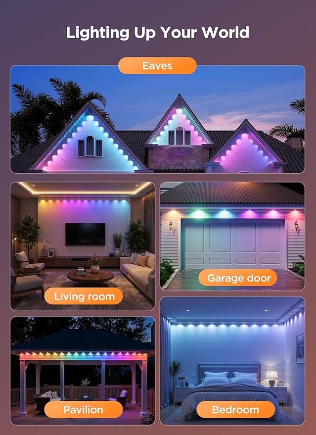 Permanent Outdoor Lights 50FT with 32 Smart RGB LED Lights DIY Scene Mode IP68 Waterproof Christmas Lights for Daily and Accent Lighting Outdoor Decor House Roof Holiday Decorations