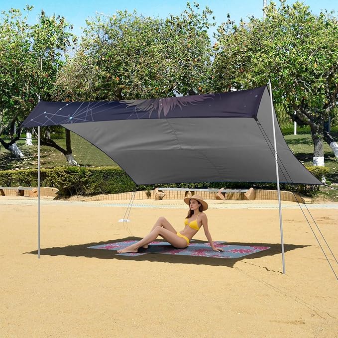 Linear Lion Blue Beach Tent Sun Shelter 9.2' x 10.5' Beach Canopy with 4 Sandbags 4 Stability Poles Sand Shovels - Tent Canopy for Beach Camping Fishing Picnics