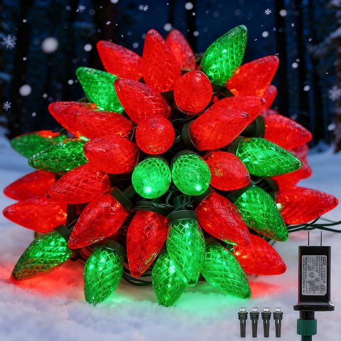 C9 LED Christmas Lights Outdoor33 Feet 50 LED 8 Lighting Modes Waterproof Connectable Christmas String Lights for Outside Roofline Patio Home Xmas Decorations (Red &amp Green)