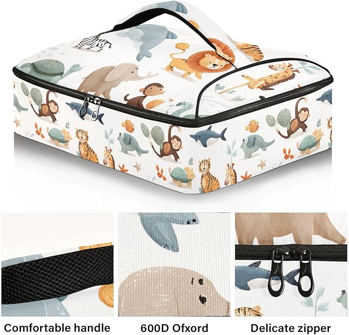 Casserole Carrier Likable AnimalsInsulated Casserole Carrier for Hot or Cold Food Thermal Lunch Tote for Potluck Parties Picnic Beach Fits 9 x 13 Inches Baking Dish