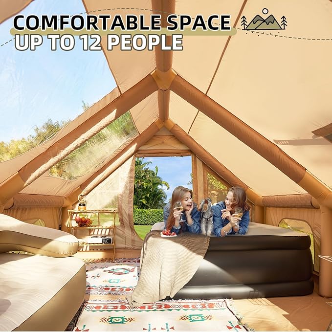 2026 Upgraded Inflatable Tents for Camping 6-8 Person Blow Up Tent with TPU Skylight Mesh Windows Stove Jack &amp Pump Easy Setup 4 Season Large Inflatable Tent Waterproof &amp Windproof