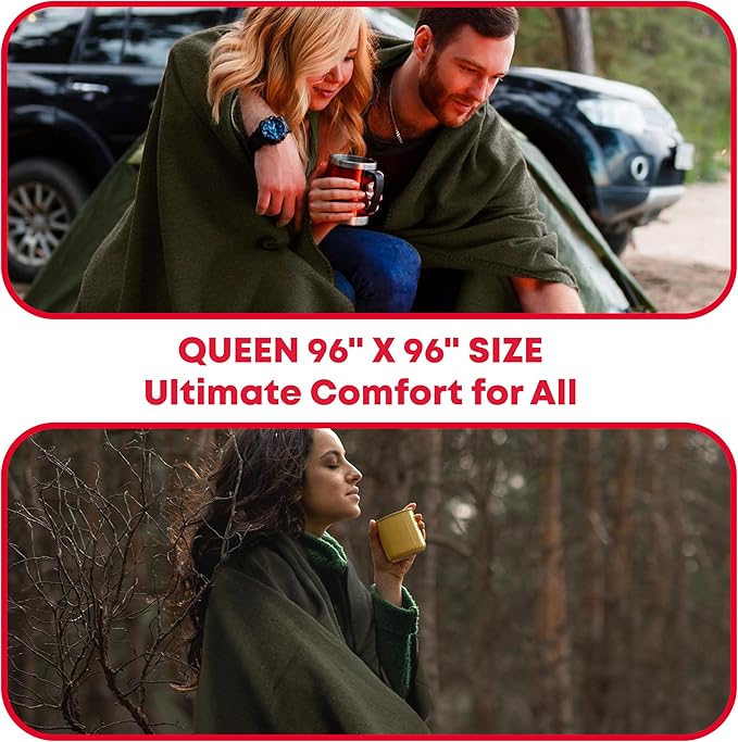 Ever Ready First Aid Military Wool Blanket - 95% Wool Washable Perfect for Outdoors Picnics Travel Car &amp Bushcraft Emergency Blanket 96 x 96 6.65 lbs. - Olive Drab Green - Queen Size
