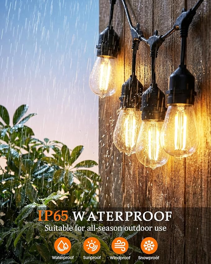50FT S14 Outdoor String Lights 32+2 Shatterproof Bulbs 2W 1.5FT Spacing IP65 Waterproof| Dimmable with Remote Heavy-Duty Include Screw &amp Zip Ties for Patio Backyard Holiday Outside