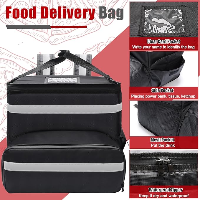 Food Delivery Backpack for Bike Expandable Pizza Bags for Delivery with 2 Pockets/ 2 Support Boards/Reflective Strip Insulated Delivery Backpack for Food