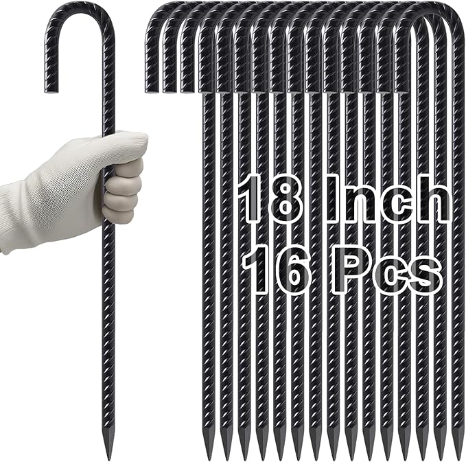VVOKGO Rebar Stakes 18 Inch J Hook Heavy Duty Ground Anchors (16-Pack) 3/8 Diameter Metal Steel Extra Long Fence Stakes with Chisel Point End for Greenhouse Gazebo Carport Camping Tents Black