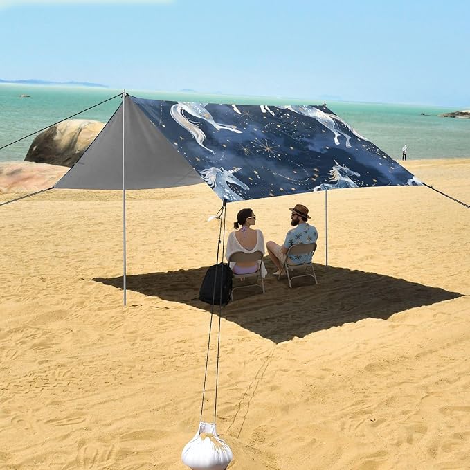 Starry Sky Horse Beach Tent Sun Shelter 9.2' x 10.5' Beach Canopy with 4 Sandbags 4 Stability Poles Sand Shovels - Tent Canopy for Beach Camping Fishing Picnics