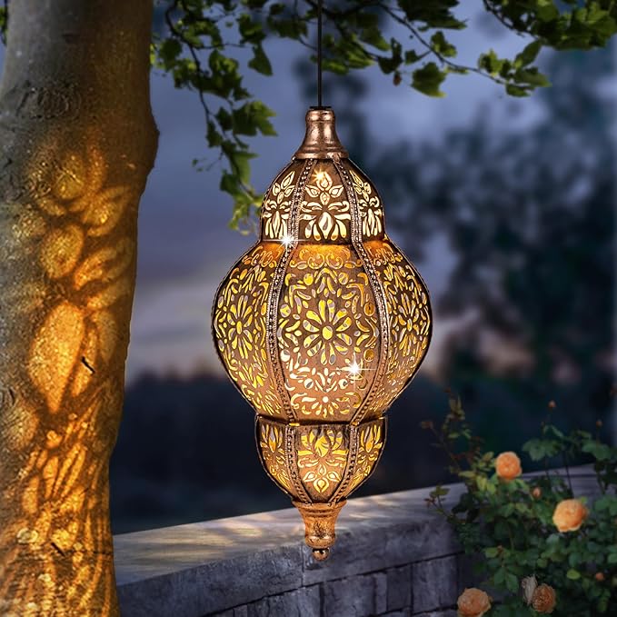 Hanging Solar Lantern Outdoor Decor Moroccan Solar Lights for Outside Garden Decorations Waterproof Solar Lanterns Garden Gifts for Mom Women Patio Yard Ornament (Coppers)