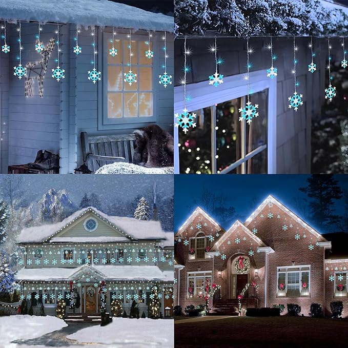Christmas Snowflake Lights 10.66ft 168 LED Icicle Lights Outdoor with 14 Drops 8 Modes Waterproof Connectable Christmas Light for Eaves Wedding Garden Yard Indoor Xmas Decor (White &amp Icicle Blue