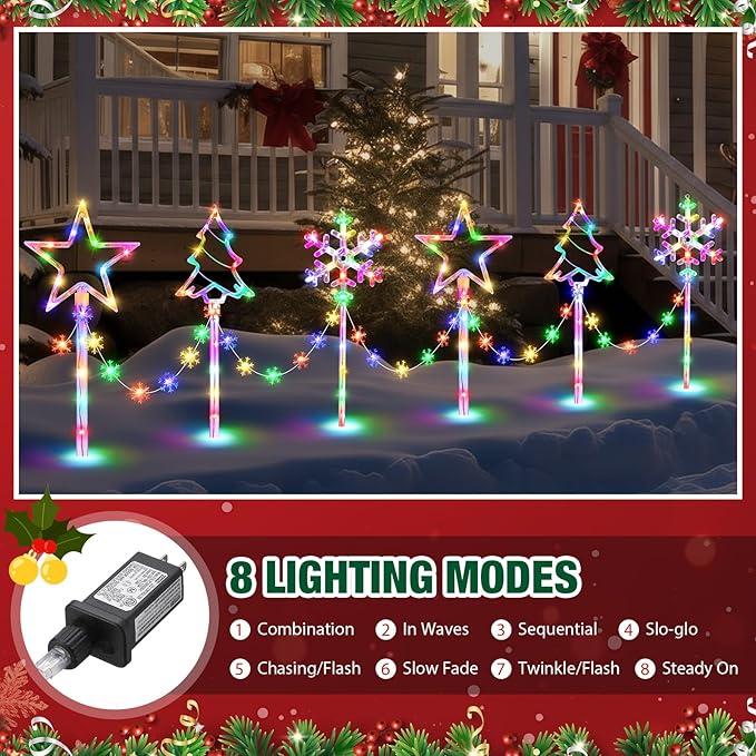 12 Pack Outdoor Snowflake Walkway Lights Plug in Christmas Pathway Lights 8 Modes Xmas Waterproof LED Garden Stake Light for Walkway Porch Yard Lawn(Multicolor)