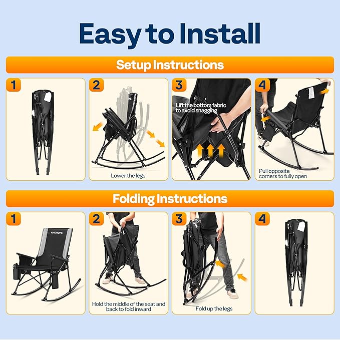 VIVOHOME 45W Padded Heating Rocking Camping Chair with 27000mAh Power Bank Heated Oversized Portable Lawn Chair for Outdoor Sports 3 Levels of Heat Overheat Protection System Black and Gray