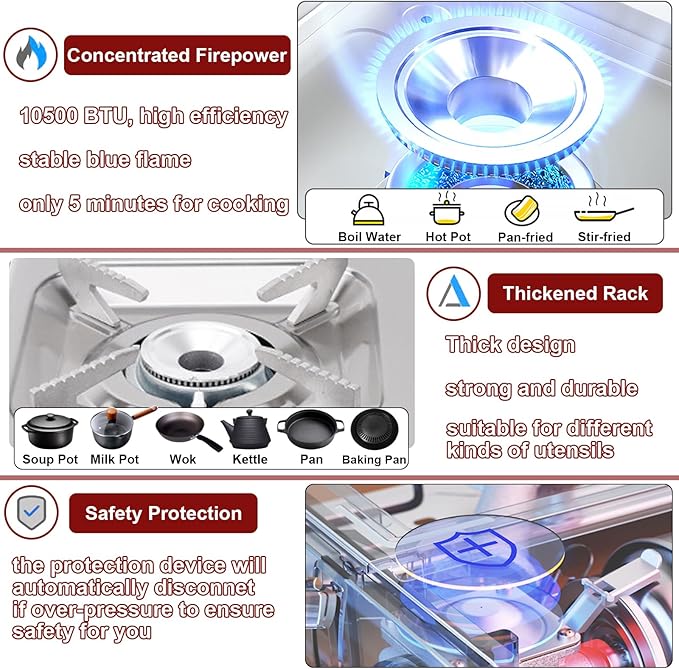 Dual Fuel Camp Stove with Butane and Propane Compatibility 10500 BTU Portable Camping Stove with Carrying Case Storage Bag Adapter Hose Wind Guard Outdoor Camping Essentials