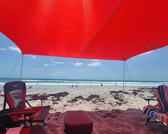 UMARDOO Family Beach Tent Canopy Sun Shade Portable Large Compact Beach Sun Shelter Easy Setup with Packable Bag for Outdoor Travel (Red 10X10 FT. 4Poles)