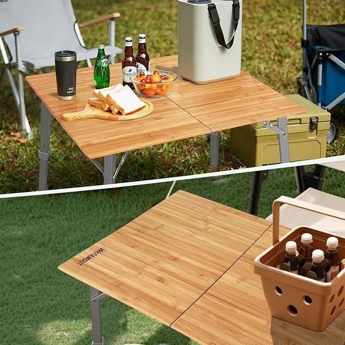 Bamboo Folding Camping Table 2-Folds with Adjustable Aluminum Legs Portable Picnic Table with Carry Bag for Outdoor Hiking Beach 2-4 Person