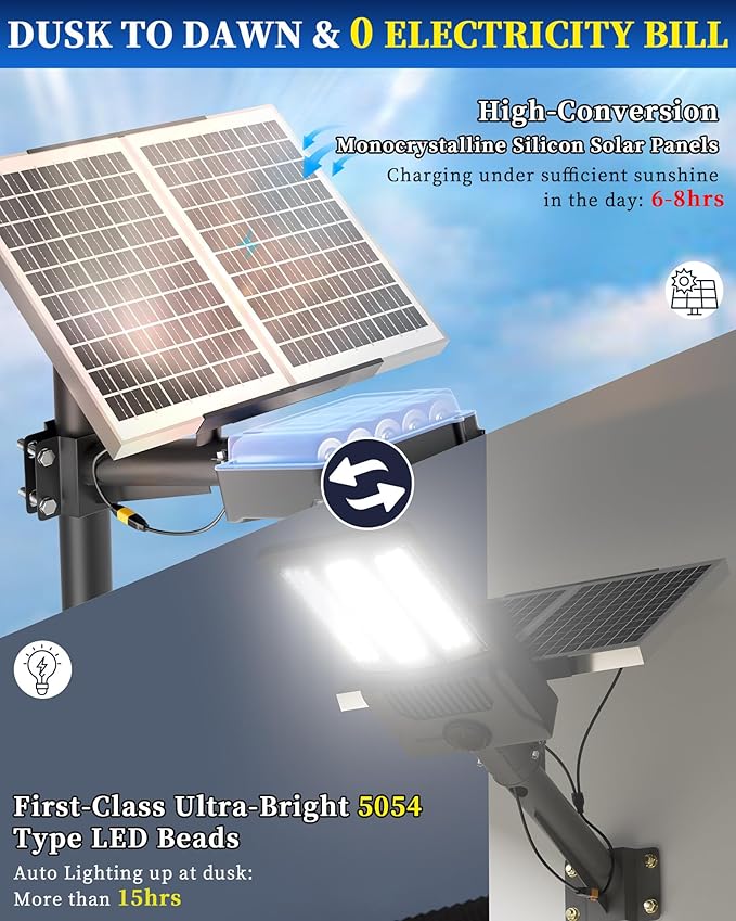 Gefolly Solar Street Lights Outdoor Commercial Parking Lot Light Dusk to Dawn IP67 Waterproof 6500K Security Flood Lights Lamp for Yard Road Basketball Courts (SL-8800W 550000LM)