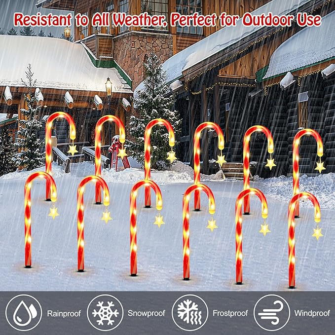 Lewondr 15 Solar Christmas Candy Cane Lights Outdoor Pathway Stake Lights with 2 Modes 108 LED Beads Waterproof Outside Xmas Decorations with Star Decor Lights for Yard Garden Holiday 12 Pack