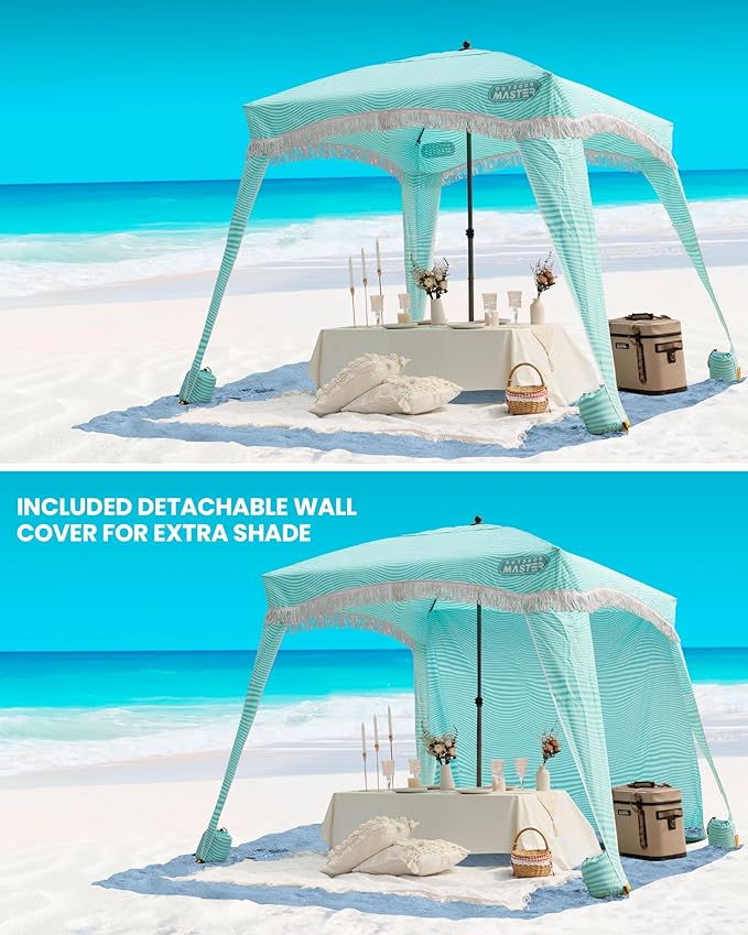 OutdoorMaster Beach Cabana with Fringes Portable 6' x 6' Beach Canopy for Sand Easy Set Up Beach Shelter Included Side Wall UPF 50+ UV Protection Sun Umbrella - for Family &amp Friends