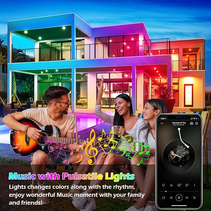 FBZ 100Ft Outdoor Waterproof LED Strip LightsMusic Sync RGB IP65 Led Lights with App Control and RemoteColor Changing Waterproof Led Rope Lights for OutdoorBalconyRoofGardenStairs Party