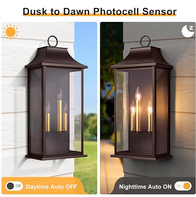 Dusk to Dawn Outdoor Wall Light 3-Light 25.3 Large Outdoor Light Fixture Oil Rubbed Bronze Exterior Wall Lantern Waterproof Outside Wall Sconce for House Porch Patio
