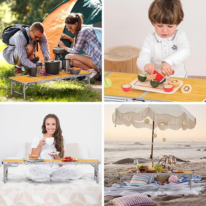FUNYKICH 4ft Low Folding Picnic Table(45.7''x15.7''x10.3'') Thicker Aluminum Legs Beach Table with Handle &amp Carry Bag Lightweight Small Camping Table for Picnic Beach Camping Party Yellow