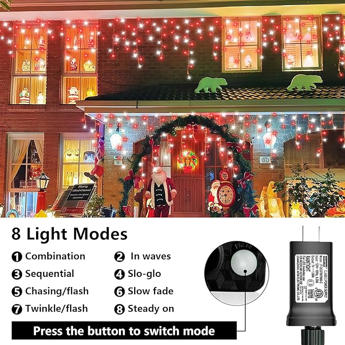 QITONG Red and White Icicle Lights for Outside 33ft 400 LED String Light with 8 Modes Clear Wire Connectable Icicle Christmas Lights Indoor Plug in