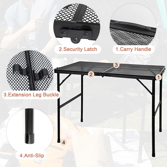 Camping Table with Mesh Desktop Lightweight &amp Portable Folding Grill Table Height Adjustable Metal Outdoor Table for Camp Cooking BBQ RV Picnic-3 FT Black
