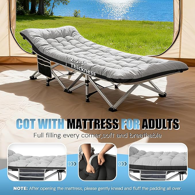 HABUTWAY Camping Cot Portable Camping Cot for Adult 28 Wide Sleeping Cot Max Load 600LBS with Thick Mattress and Carry Bag Portable Camping Bed for Outdoor Camping/Office Home Nap
