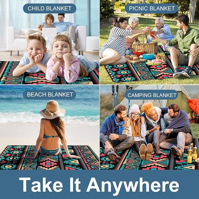 Southwestern Native American Indian Aztec Ethnic Waterproof Outdoor Picnic Blanket Sandproof Beach Mat for Camping Hiking Grass Travelling