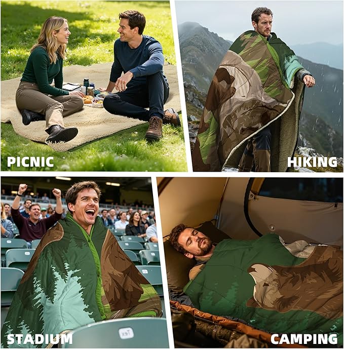 Outdoor Camping Blanket with Sherpa Lining Extra Warm Thick Camp Blankets and Puffy Ultralight Soft Poncho DWR Camping Quilt for Cold Weather Adventure Sleeping Backpacking 78x 56