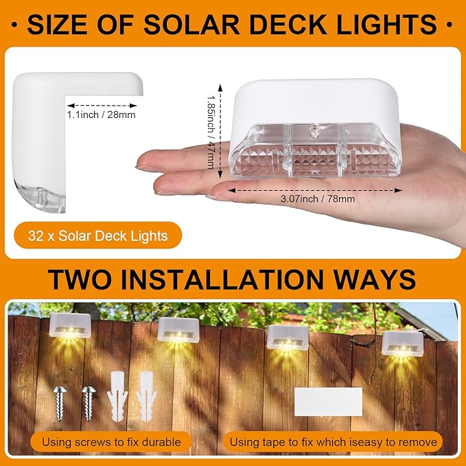Geelin 32 Pcs Solar Deck Lights Outdoor Waterproof LED Solar Step Fence Lights for Stairs Step Railing Patio Driveway Garden Pathway and Yard(White Shell Warm White Light)