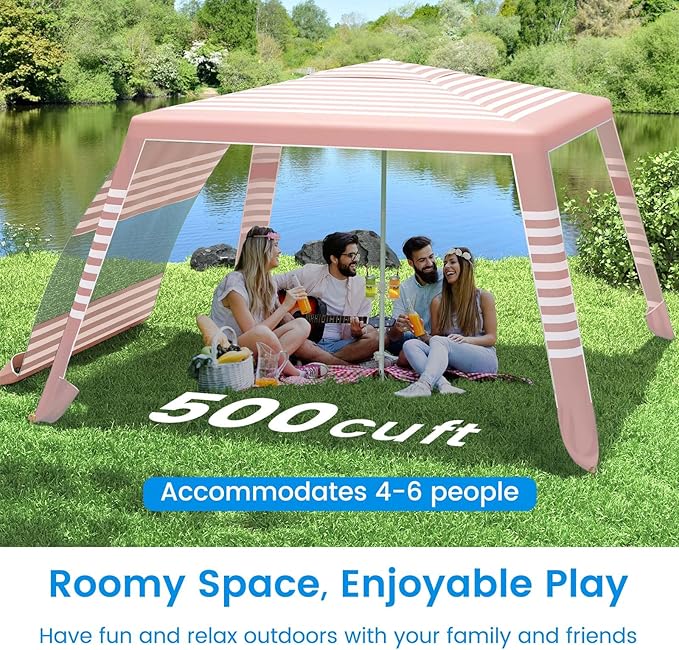 MoKo Beach Cabana 8'×8' Large Beach Canopy with Side Wall UPF 50+ Protection Easy Setup Beach Tent Sun Shelter Adjustable Height Wind Resistant Cabana Beach Tent for Whole Family Pink Stripe