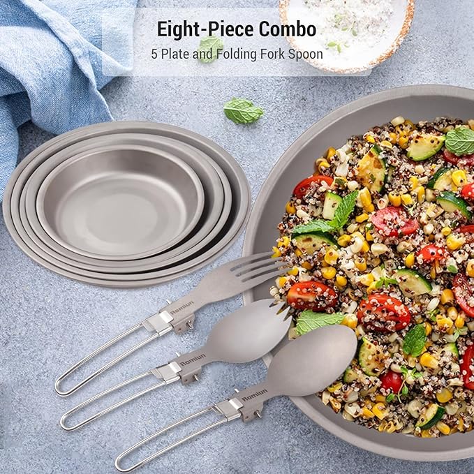 Titanium Camping Plate Set of 8 Ultralight Durable Titanium Dish Plate with Folding Forks Spoons Portable Round Dinner Plates Outdoor Camping Pan Tableware Utensils for BBQ Hiking Picnic
